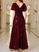 Vestido Longo Elegância com Paetês Roxos, Mangas com Babados e Decote em V