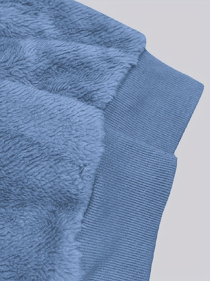 Casaco Feminino Peluciado com Capuz – Azul e Bege em Blocos de Cor