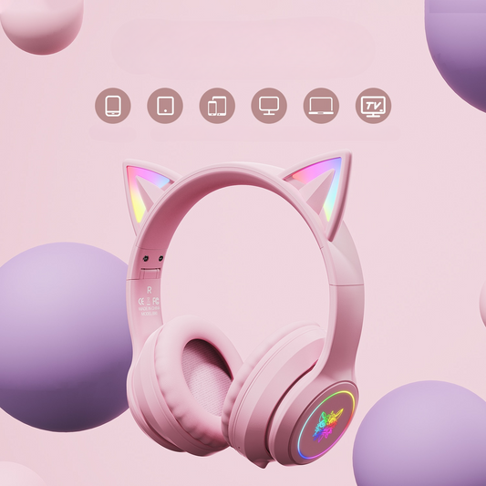 Headset Gatinho - com Bluetooth e Luz RGB Colorida