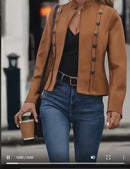 Casaco Feminino Europeu e Americano em Camurça com Botões Duplos